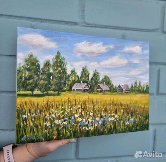 Пейзаж маслом с ромашками деревня картина