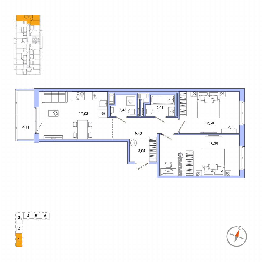 2-к. квартира, 62,1 м², 3/7 эт.
