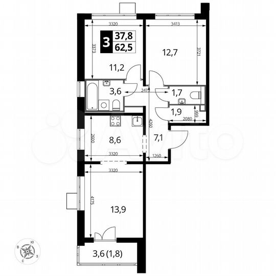 3-к. квартира, 62,5 м², 19/25 эт.