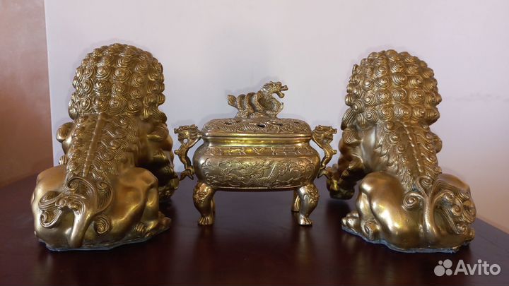 Старинные Бронзовые статуэтки Львы Стражи