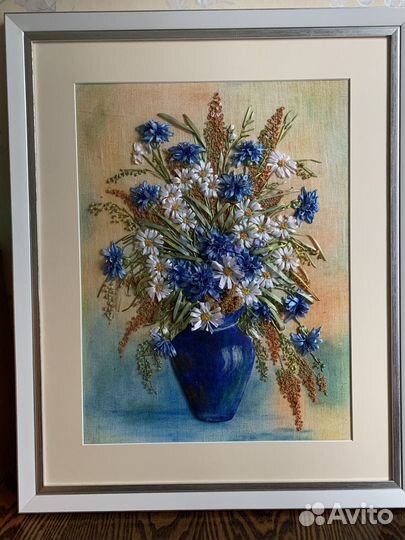 Букет Ромашек с васильками. Вышивка лентами