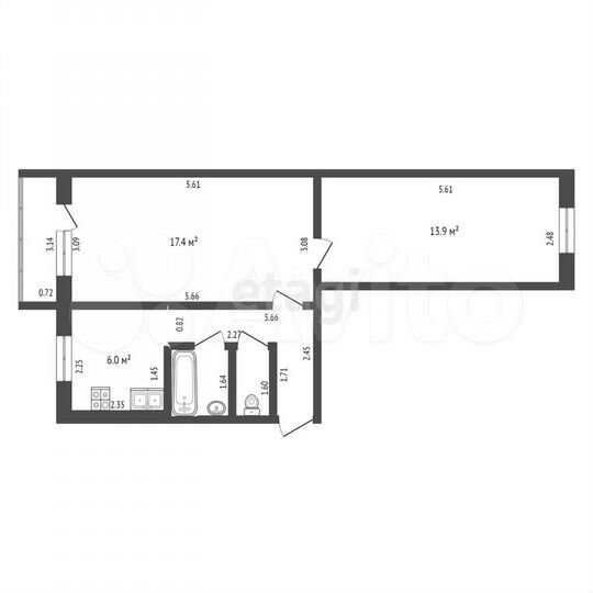 2-к. квартира, 44,3 м², 5/5 эт.