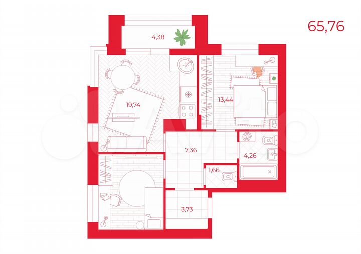 2-к. квартира, 65,8 м², 13/16 эт.