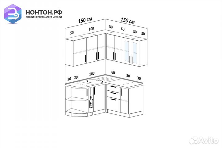 Кухня угловая Лондон 1.5 на 1.5 м дуб белый