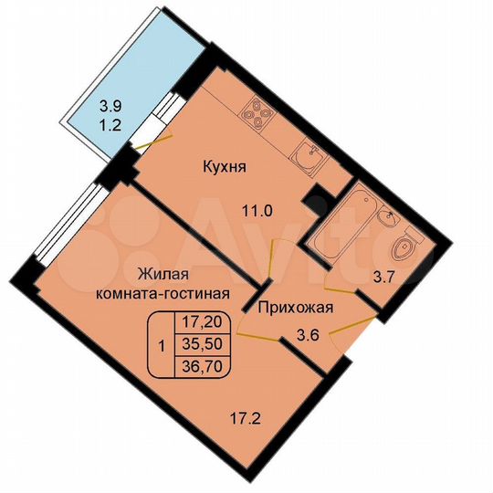 1-к. квартира, 36,7 м², 3/9 эт.
