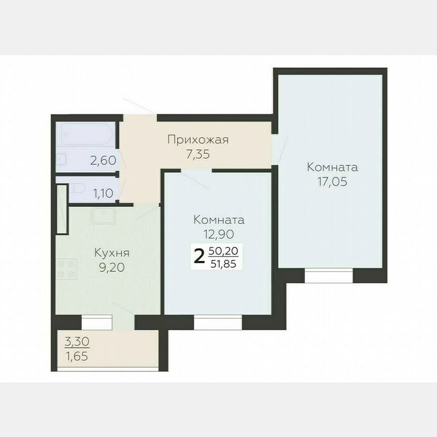2-к. квартира, 51,9 м², 13/15 эт.