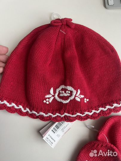 Шапочка и варежки детские для девочек 0-12 месяцев