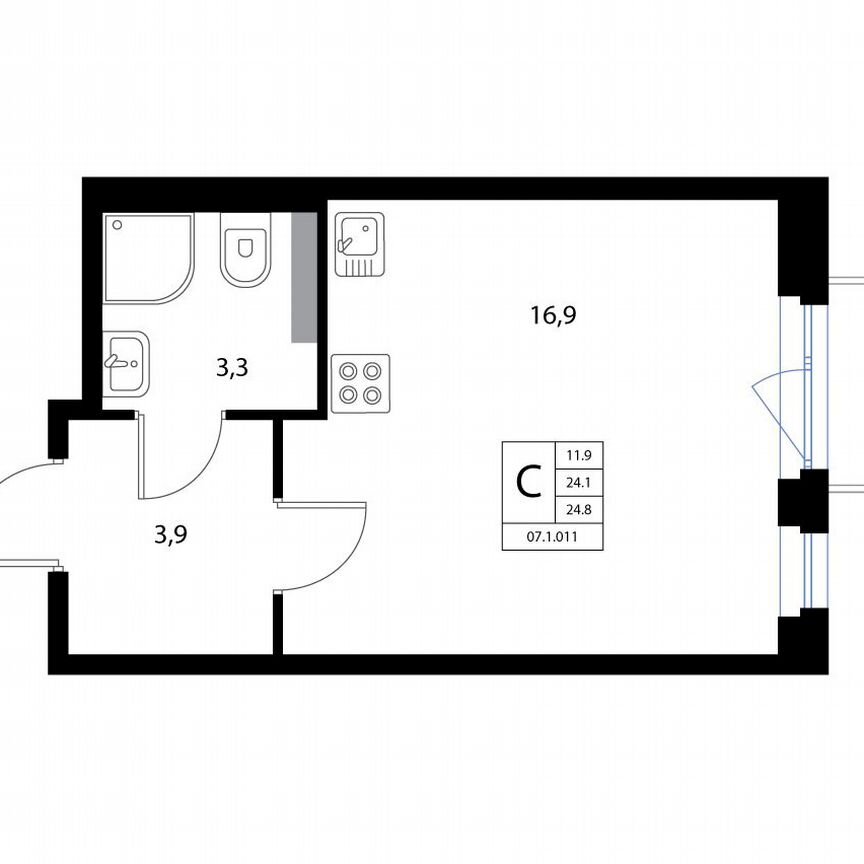 Квартира-студия, 24,8 м², 2/3 эт.