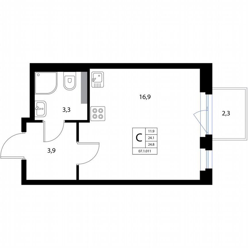 Квартира-студия, 24,8 м², 2/3 эт.