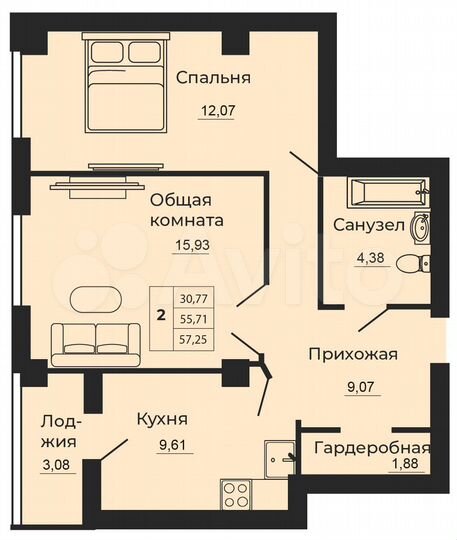 2-к. квартира, 57 м², 16/24 эт.