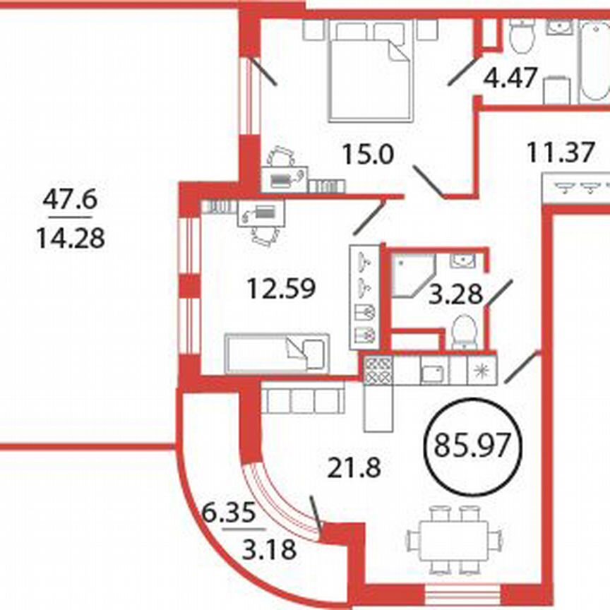 2-к. квартира, 86 м², 2/12 эт.