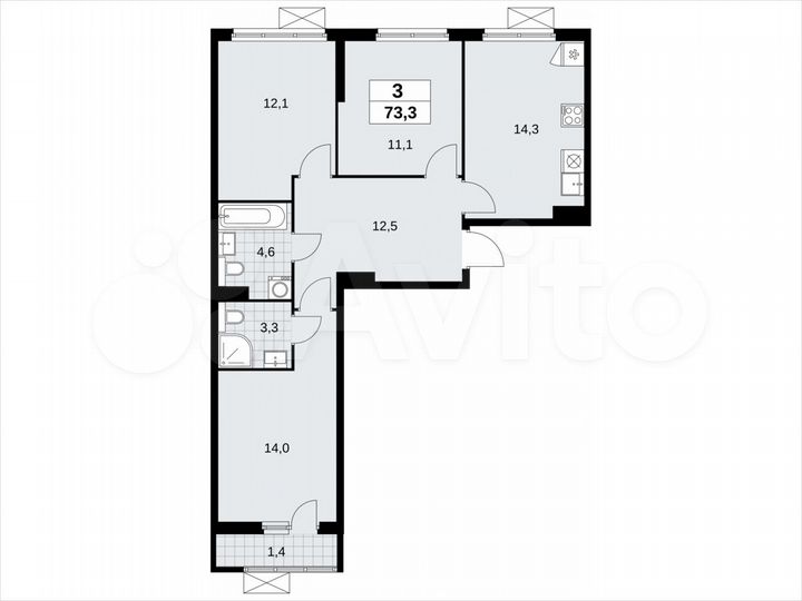 3-к. квартира, 73,3 м², 8/19 эт.