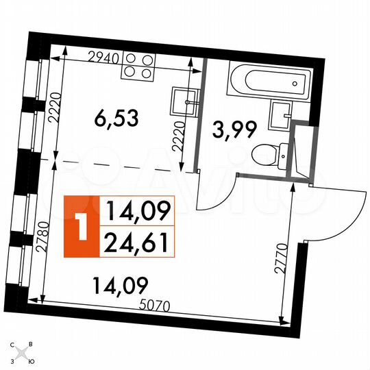 1-к. апартаменты, 24,6 м², 11/15 эт.