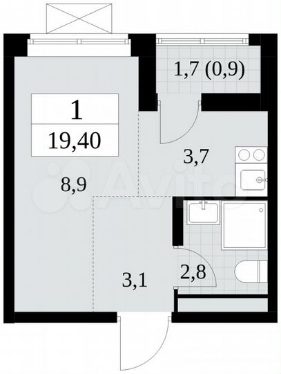 Квартира-студия, 19,4 м², 8/15 эт.
