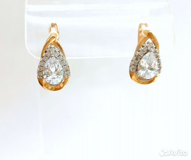 Серьги капельки, фианиты, покрытие золото