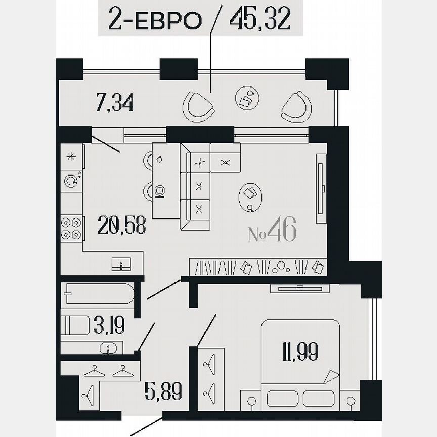 1-к. квартира, 45,3 м², 7/11 эт.