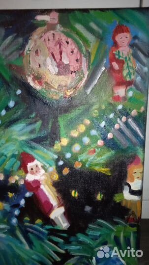 Картины маслом Елка, застолье,коты