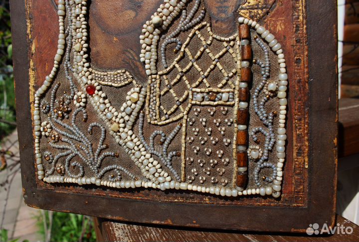 Икона Богородицы Казанская 28*22 ризе бисер жемчуг