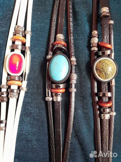 Браслеты кожа натуральный камень малахит аммонит