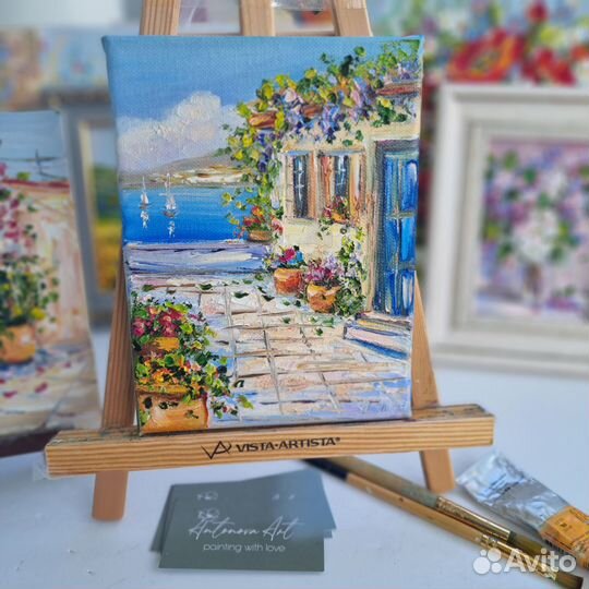 Картина маслом морской пейзаж миниатюра цветы море