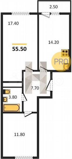 2-к. квартира, 55,5 м², 15/21 эт.