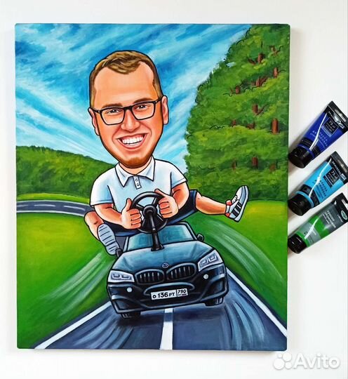 Шарж на холсте. Ручная работа