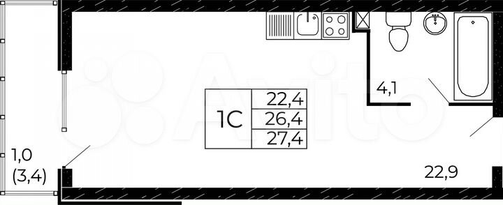 Квартира-студия, 27,4 м², 8/18 эт.