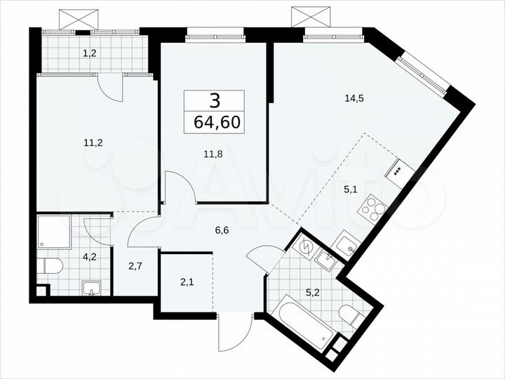 3-к. квартира, 64,6 м², 2/16 эт.