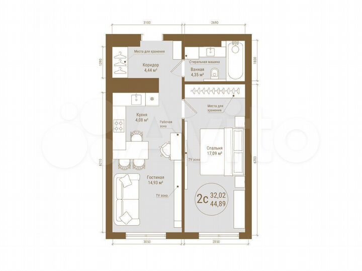 2-к. квартира, 44,9 м², 20/25 эт.