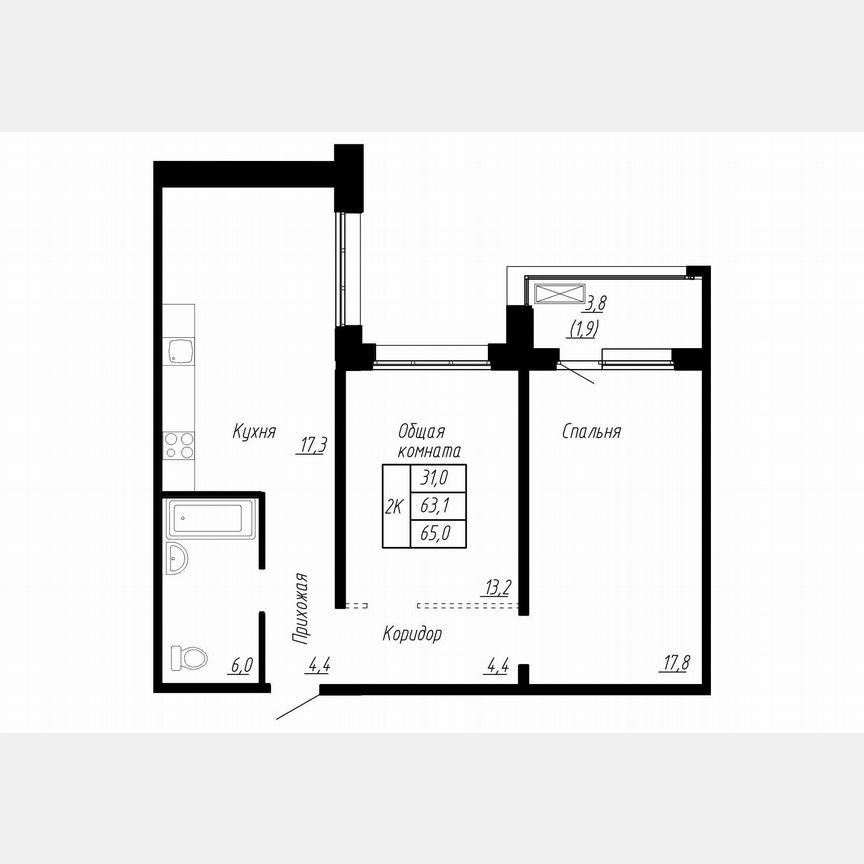 2-к. квартира, 65 м², 4/17 эт.