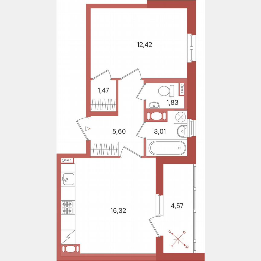 1-к. квартира, 42,9 м², 10/12 эт.