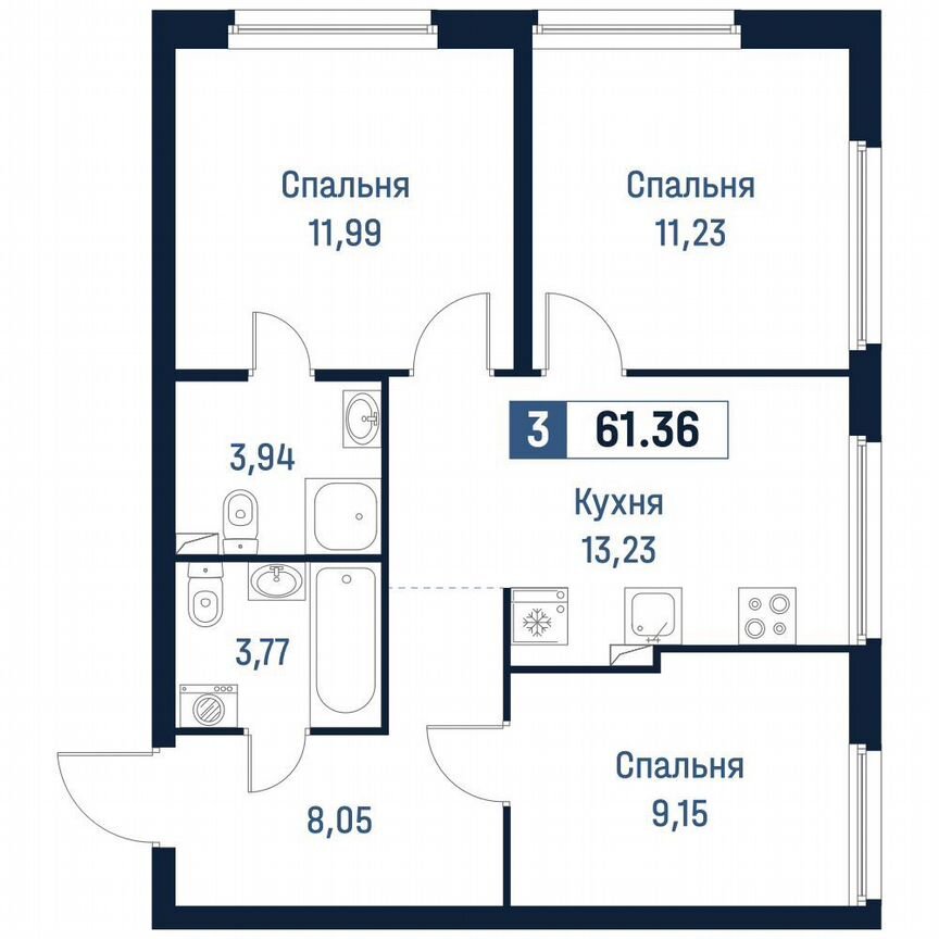 3-к. квартира, 61,4 м², 2/18 эт.