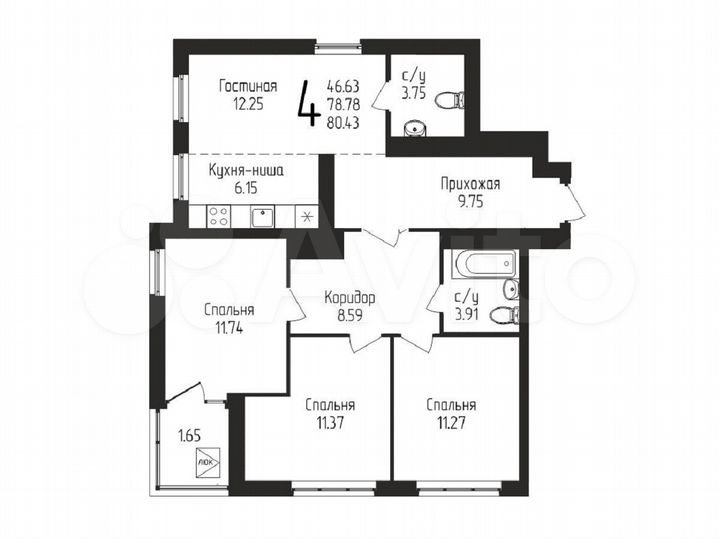 4-к. квартира, 80,4 м², 10/11 эт.