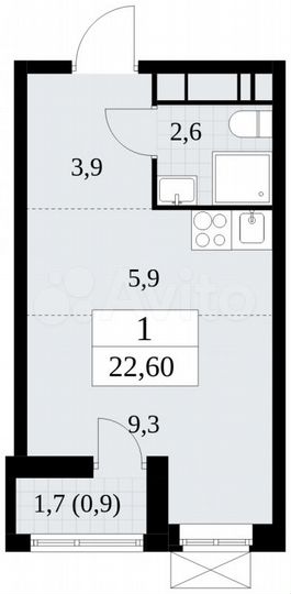 Квартира-студия, 22,6 м², 15/16 эт.