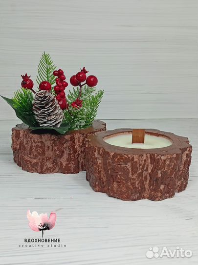 Подсвечник из гипса Пенёк/дерево