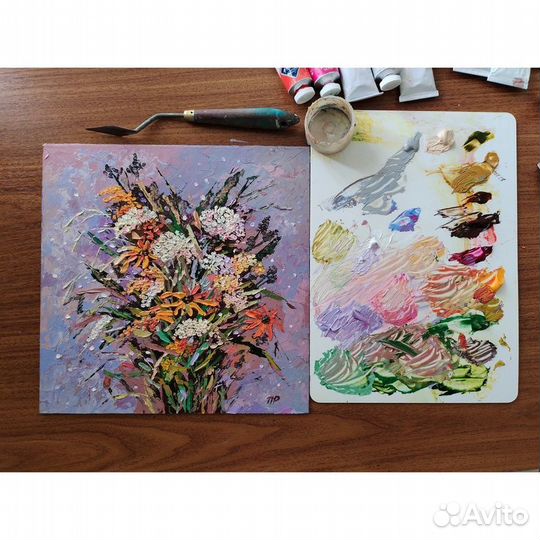 Картина маслом Полевые Цветы на сиреневом фоне