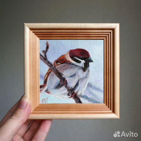 Картина маслом Воробей 10х10см. В наличии