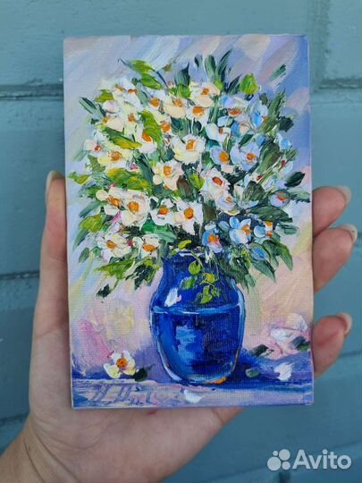 Картина маслом с цветами натюрморт миниатюра холст
