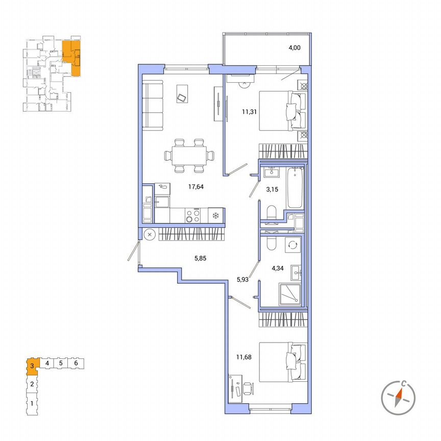 2-к. квартира, 61,1 м², 6/7 эт.