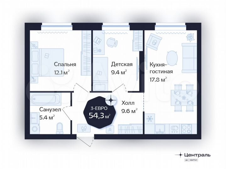 2-к. квартира, 54,3 м², 2/16 эт.