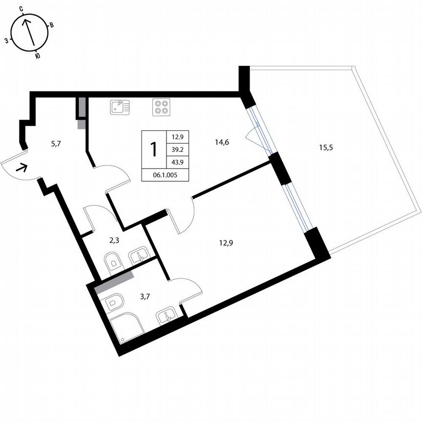 1-к. квартира, 43,9 м², 1/3 эт.