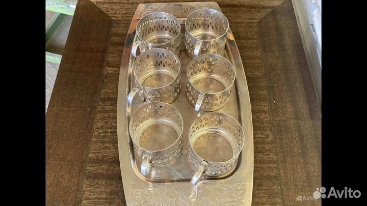 Набор подстаканников с подносом мельхиор