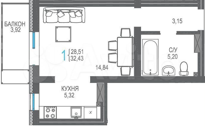 1-к. квартира, 32,4 м², 5/16 эт.