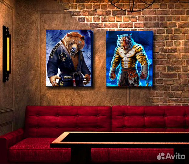 2 картины Медведь в кимано и тигр боксер