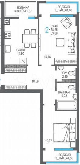 2-к. квартира, 58,3 м², 4/8 эт.