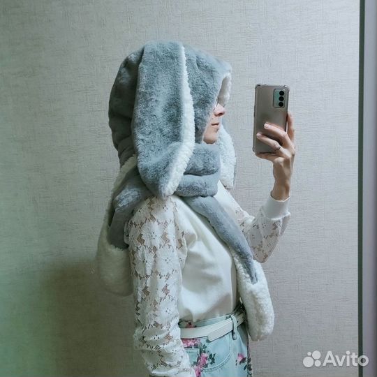 Шапка заяц/кролик с длинными ушками, шарфом, каваи