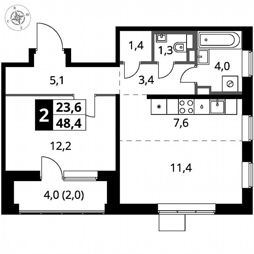 1-к. квартира, 48,4 м², 16/17 эт.