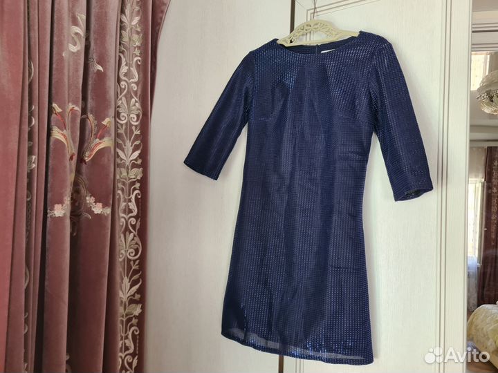 Новое Платье мини блестящее синее S 42 44