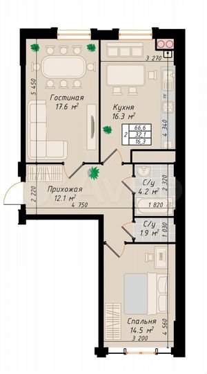 2-к. квартира, 66,6 м², 2/10 эт.