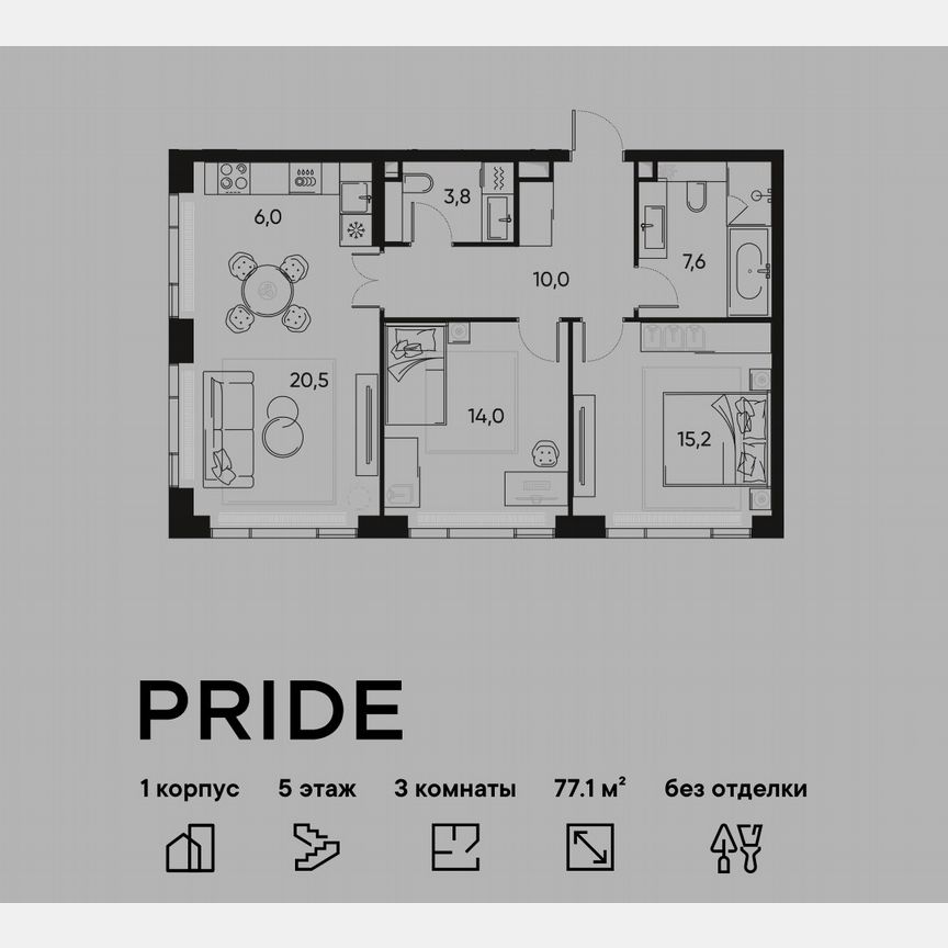 2-к. квартира, 77,1 м², 5/7 эт.